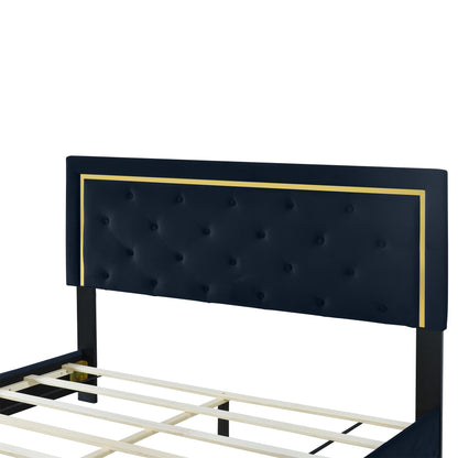 Queen Size Upholstered Platform Bed With Pull Point Headboard And Metal Wire Frame At The Head And Foot Of The Bed, Metal Feet, Velvet, Black