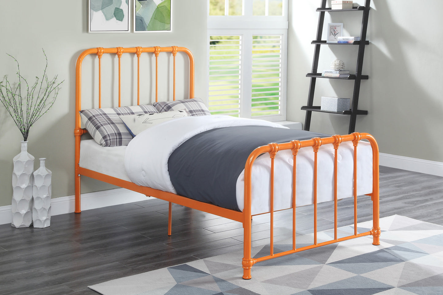 Metal Bed Orange Finish Twin Platform Bed 1pc, Bed in a Box