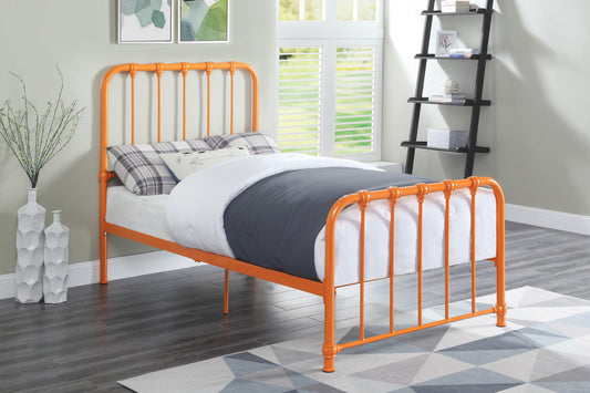 Metal Bed Orange Finish Twin Platform Bed 1pc, Bed in a Box