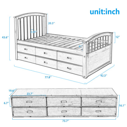 Twin Size Platform Storage Bed Solid Wood Bed with 6 Drawers,White