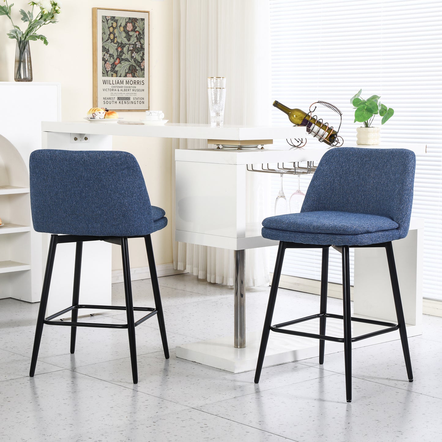 Counter Height Swivel Bar Stools Set of 2, 360° Swivel Upholstered Barstools with Back and Metal Legs, 25.6" Seat Height,Counter Stools for Kitchen Island and Pub,Linen Cloth,Blue Linen