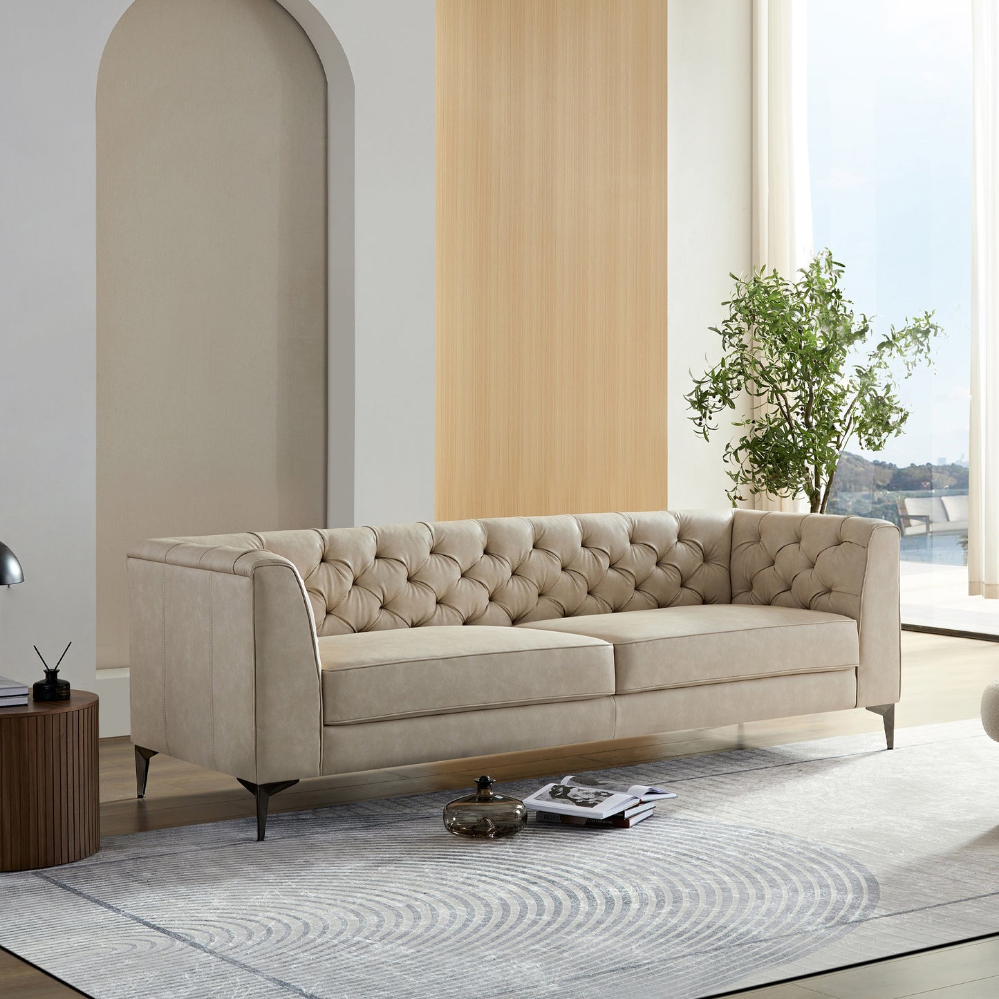 WKS5G Elegant beige leather main color, the sofa presents a calm and elegant appearance