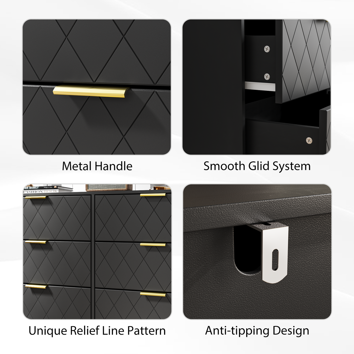 Modern black 6 Drawers for Bedroom, Small Size Modern 6 Drawer Dresser, Wide Chest of Drawers with Gold Handles, Wood Double Dresser Storage Cabinet for Living Room, Bedroom, Hallway