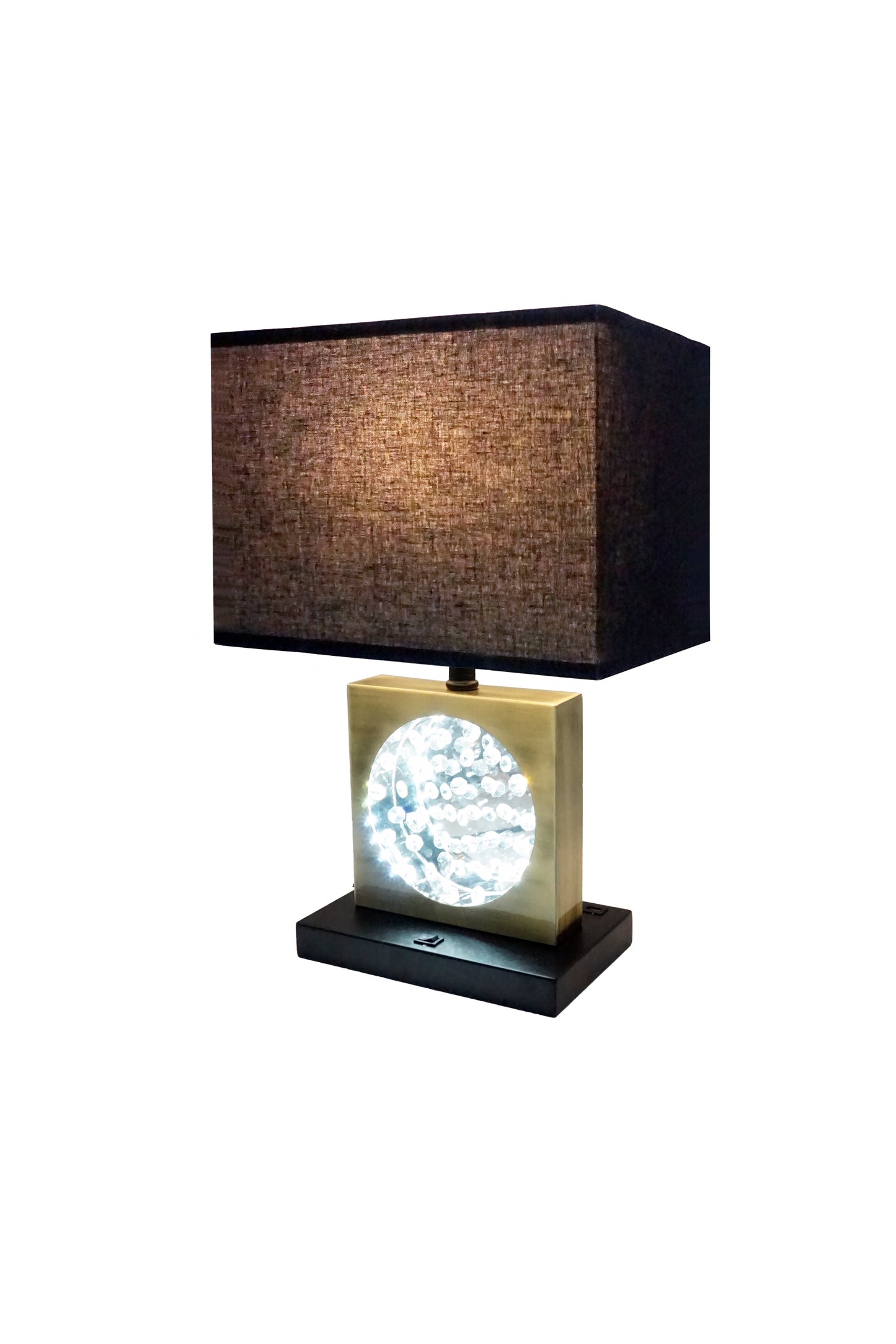 22"H GOLD SQUARE W/ BLACK SHADE CRYSTAL CENTERPIECE WITH NIGHT LIGHT, USB Port + Power  Outlet