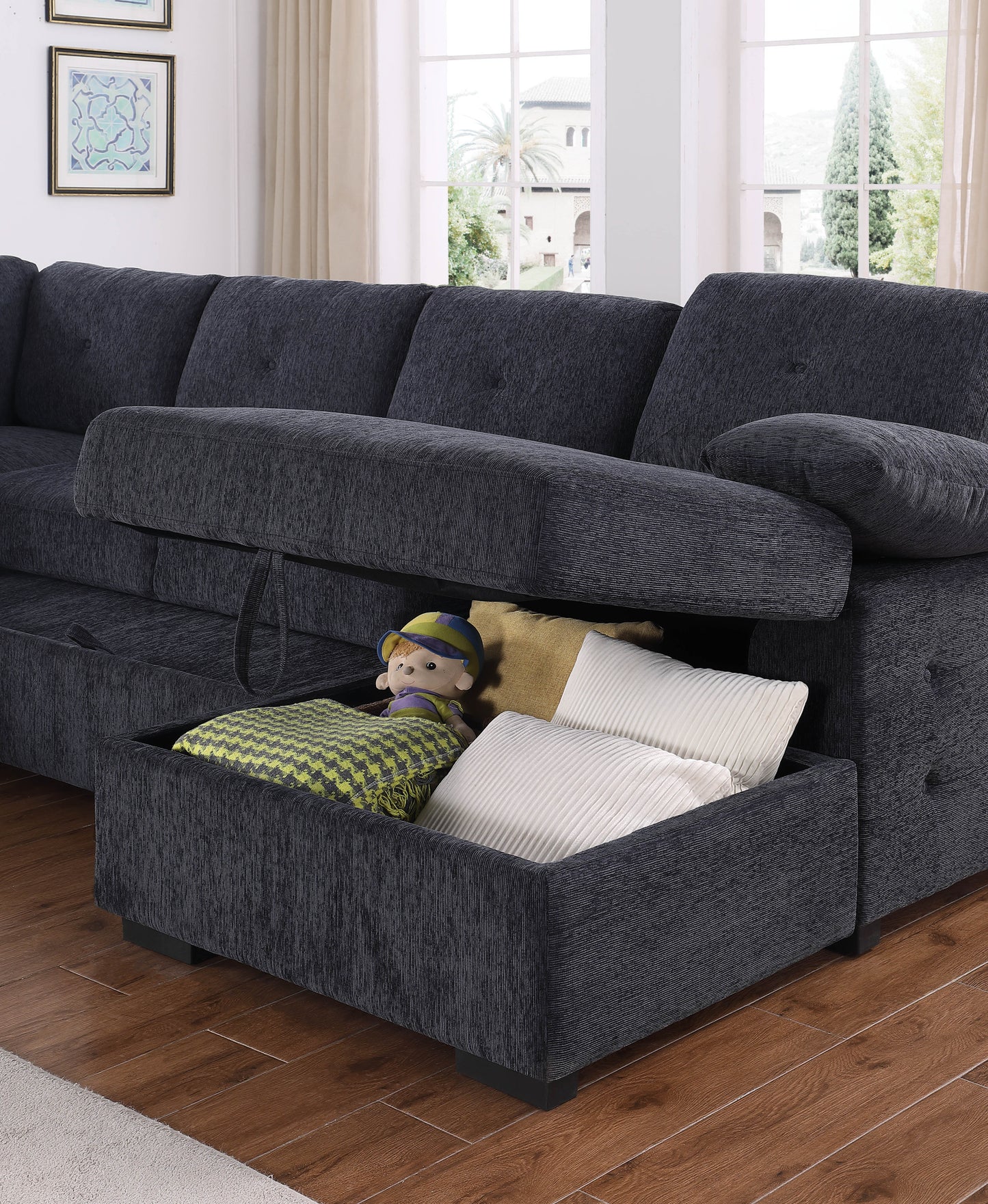 Nyhan Upholstered Corner Sectional with Pull out Loveseat and storaged Chaise