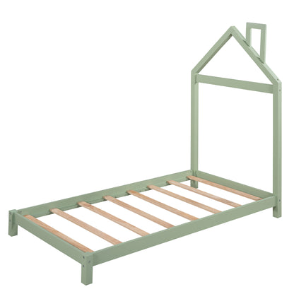 Twin Size Wood Platform Bed with House-shaped Headboard  (Green)