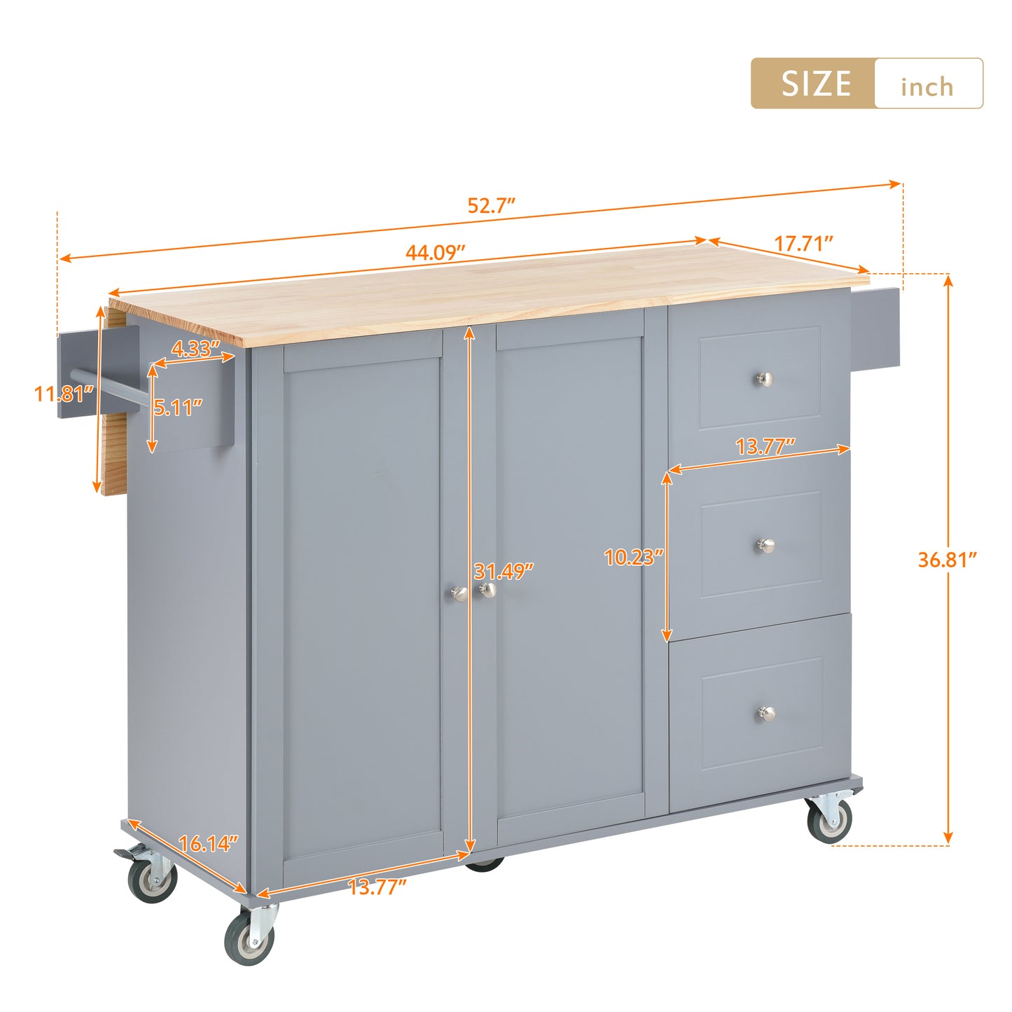 Rolling Mobile Kitchen Island with Solid Wood Top and Locking Wheels,52.7 Inch Width,Storage Cabinet and Drop Leaf Breakfast Bar,Spice Rack, Towel Rack & Drawer (Grey Blue)