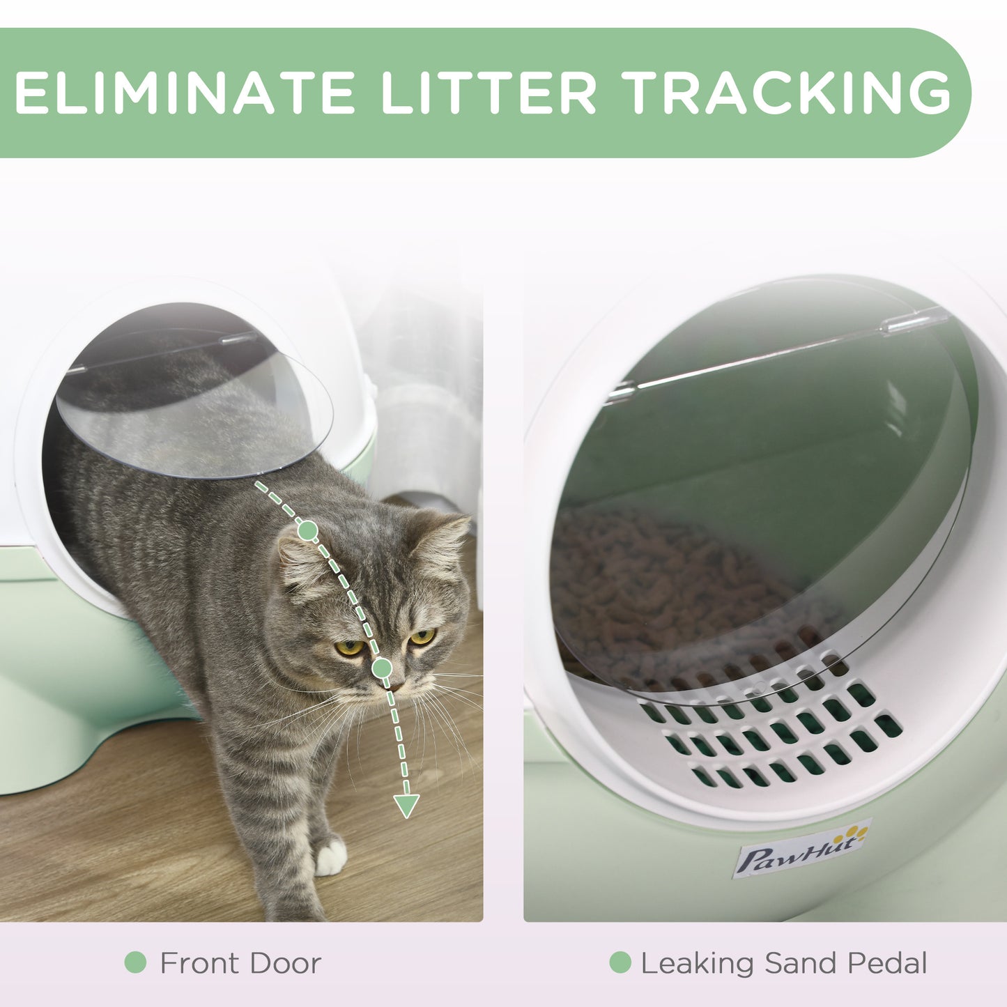 PawHut Hooded Cat Litter Box, Large Kitty Litter Pan with Lid, Scoop, Leaking Sand Pedal, Top Handle, Light Green