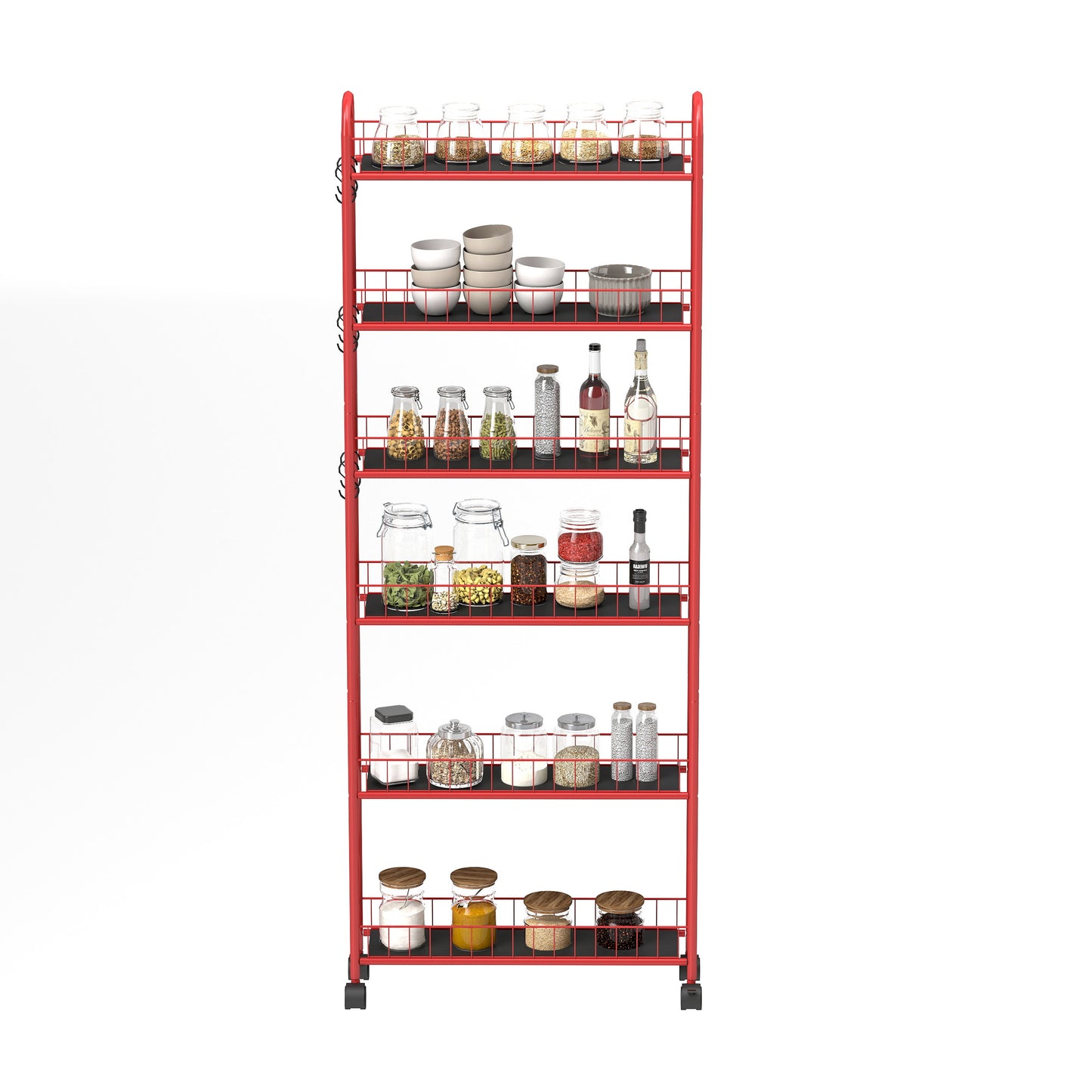 Red 6-Tier Rolling Cart Gap Kitchen Slim Slide Out Storage Tower Rack with Wheels,6 Baskets,Kitchen,Bathroom Laundry Narrow Piaces Utility cart