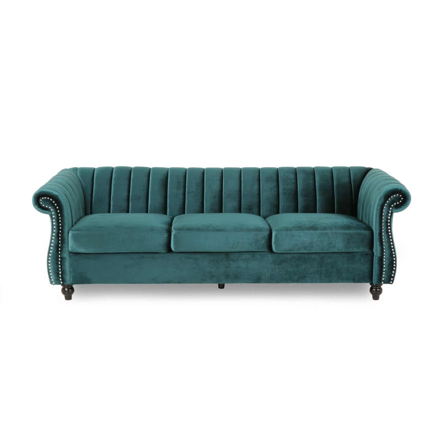 84-Inch Teal 3-Seater Velvet Sofa – Button Tufted with Nailhead Trim, Curved Backrest, and Rolled Arms, Stylish and Elegant Couch for Modern Living Rooms, Durable Upholstery, Luxury Design