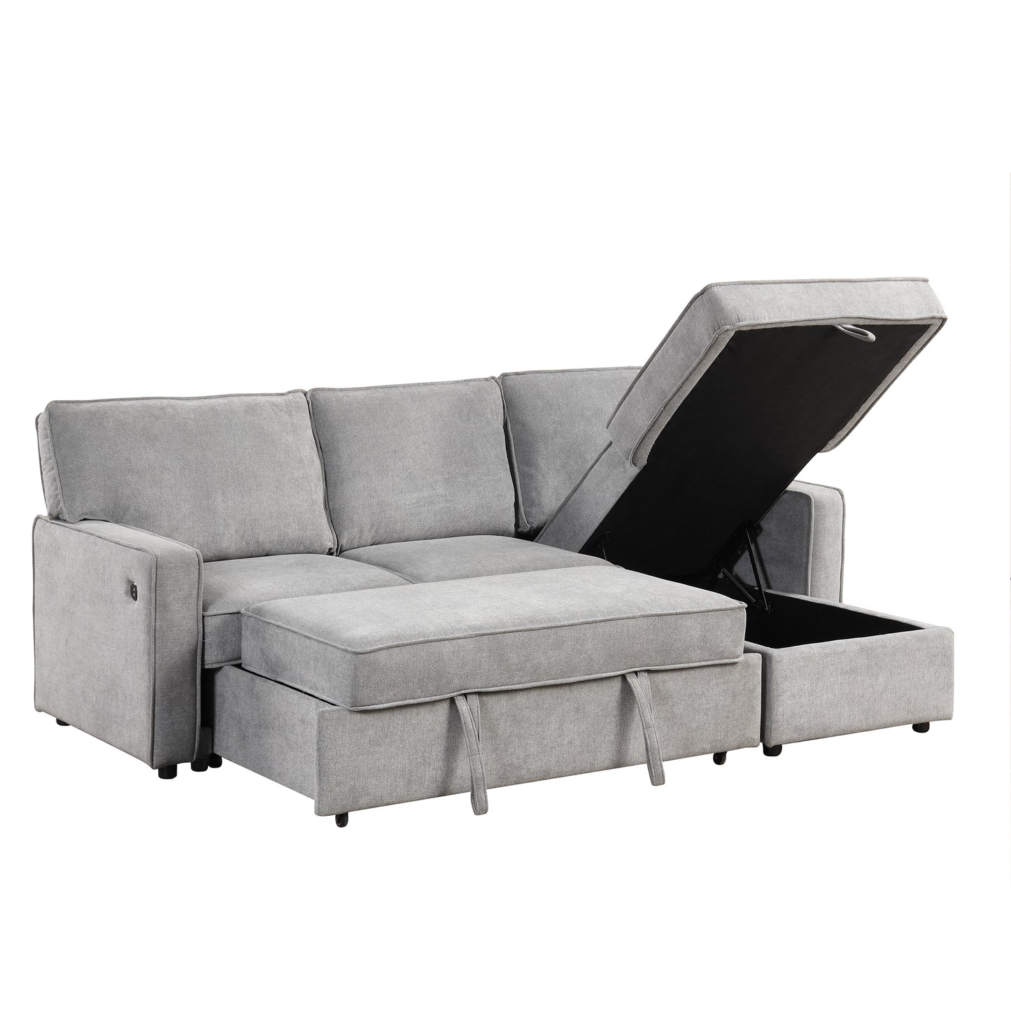 U_STYLE Upholstery Sleeper Sectional Sofa with Storage Space, USB port, 2 cup holders on Back Cushions(same sku; WY000335AAE)