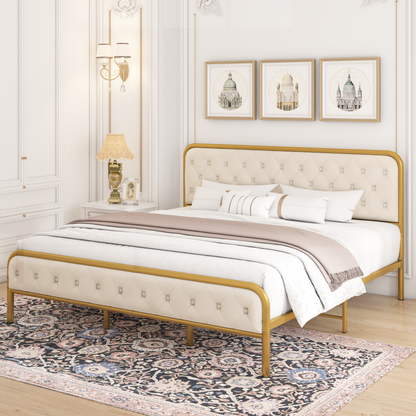 King Size Bed Frame, Upholstered Queen Bed Frame with Velvet Tufted Headboard, Heavy Duty Metal Foundation, Bed Frame with Wood Slat Support, No Box Spring Needed, Noise-Free, Gold/Beige