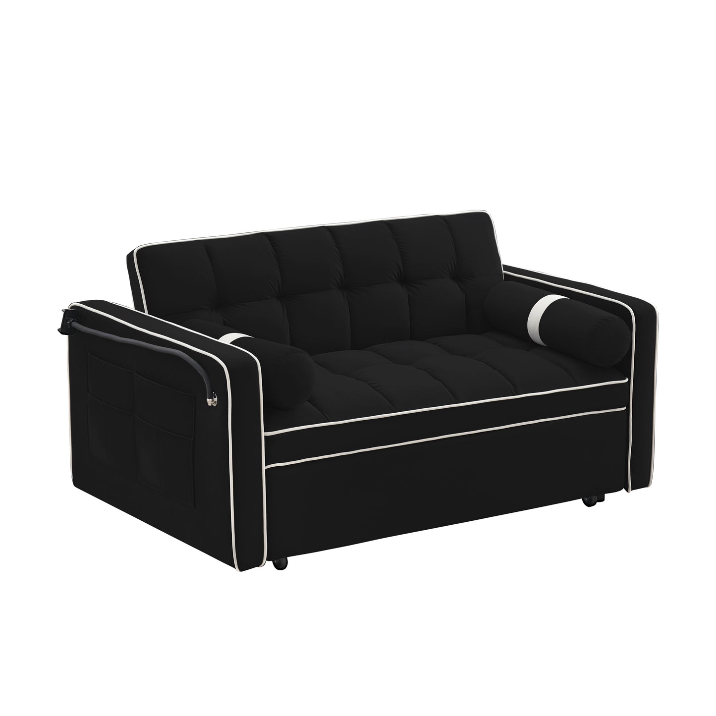 Sleeper Sofa Couch w/Pull Out Bed, 55" Modern Velvet Convertible Sleeper Sofa Bed, Small Love seat Sofa Bed w/Pillows & Side Pockets for Small Space, Living Room, Apartment,Black