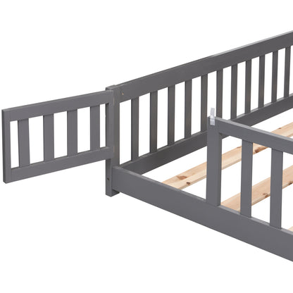 Queen Size Floor Bed with Door,Solid Wood Platform Bed Frame with Fence,Suitable for children,Pine Wood,Gray