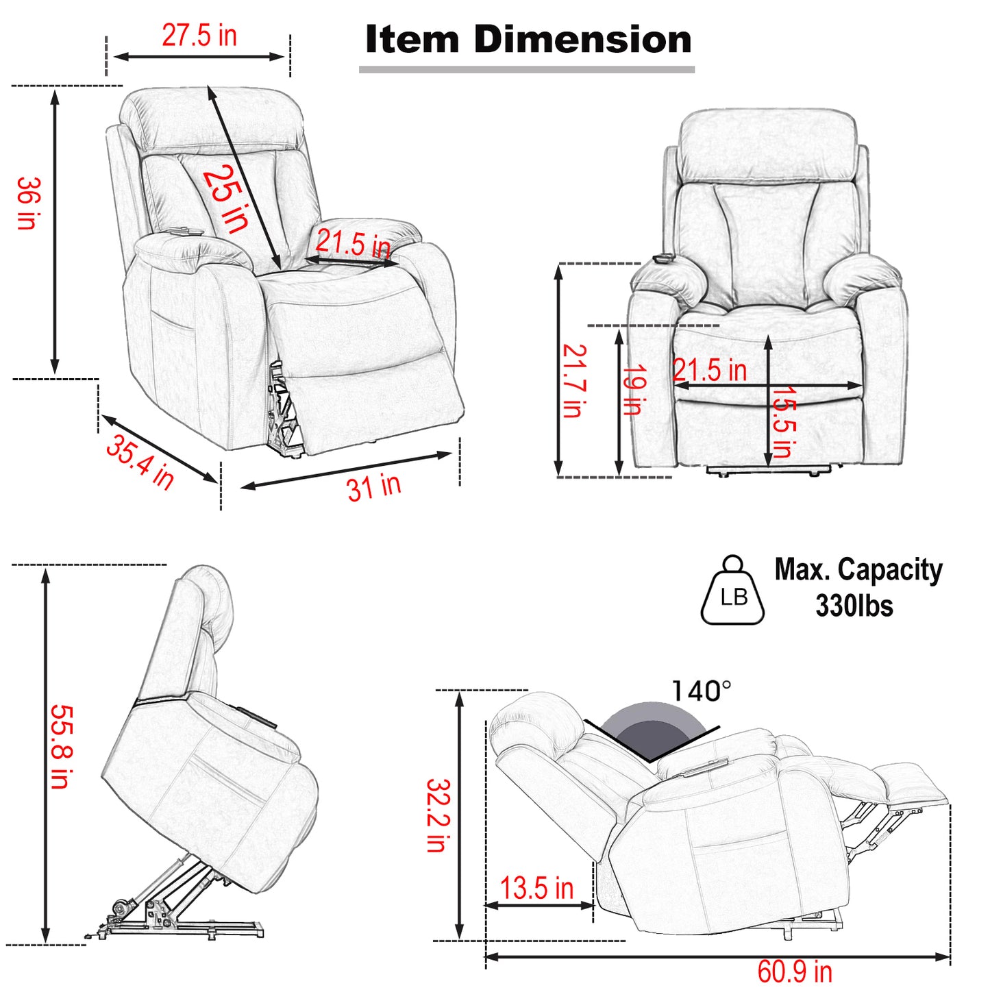 Electric Power Lift Recliner Chair for Elderly, Fabric Recliner Chair for Seniors, Home Theater Seating,Living Room Chair,Side Pocket, Remote Control (Light Gray)