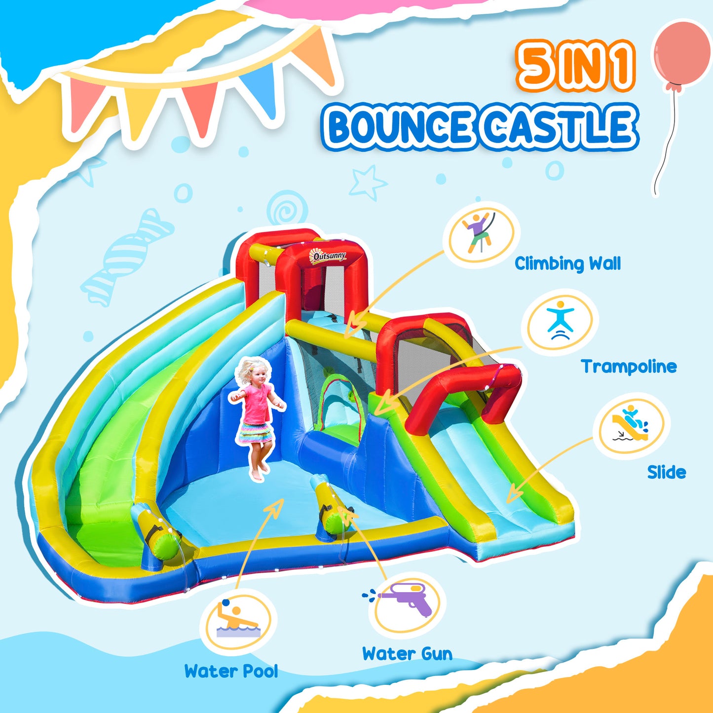 Outsunny 5-in-1 Inflatable Water Slide Kids Bounce House Water Park Jumping Castle Includes Trampoline Slide Water Pool Cannon Climbing Wall with Carry Bag, Repair Patches, 450W Air Blower