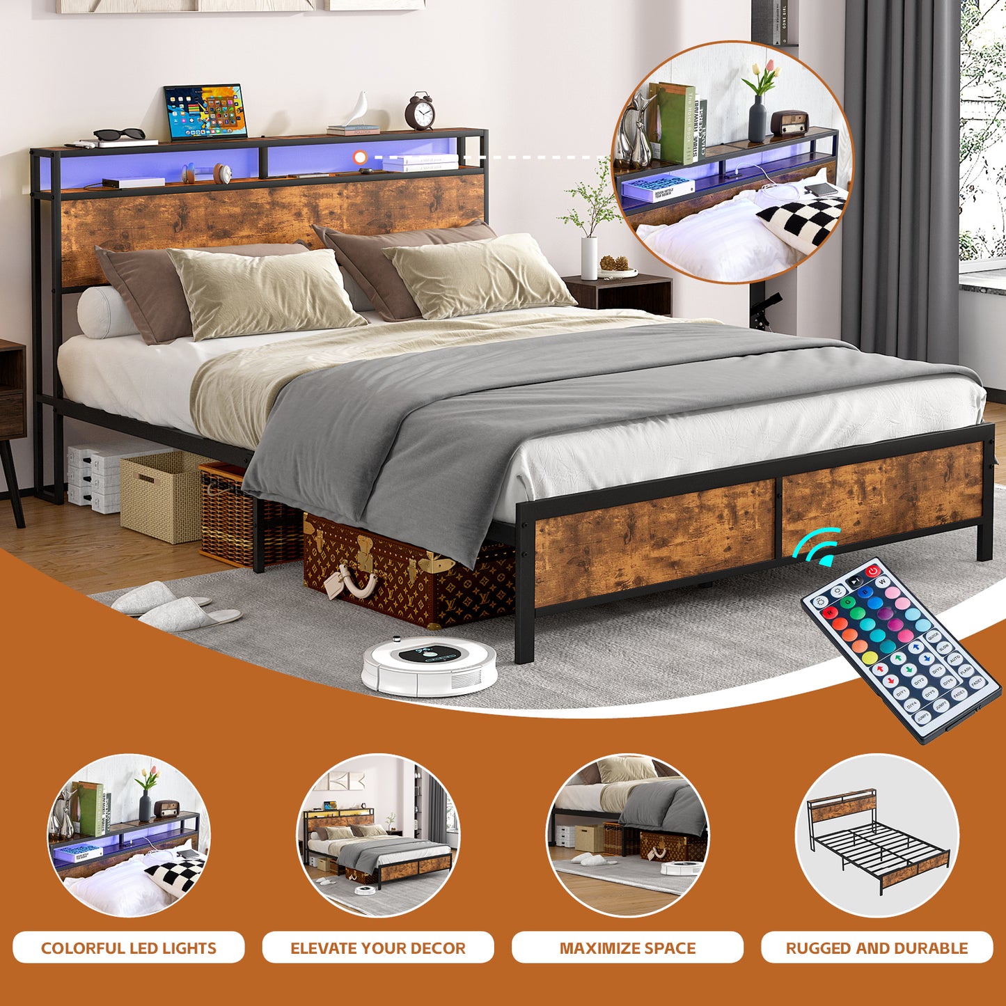 Industrial Full Bed Frame with LED Lights and 2 USB Ports, Bed Frame Full Size with Storage, Noise Free, No Box Spring Needed, Rustic Brown