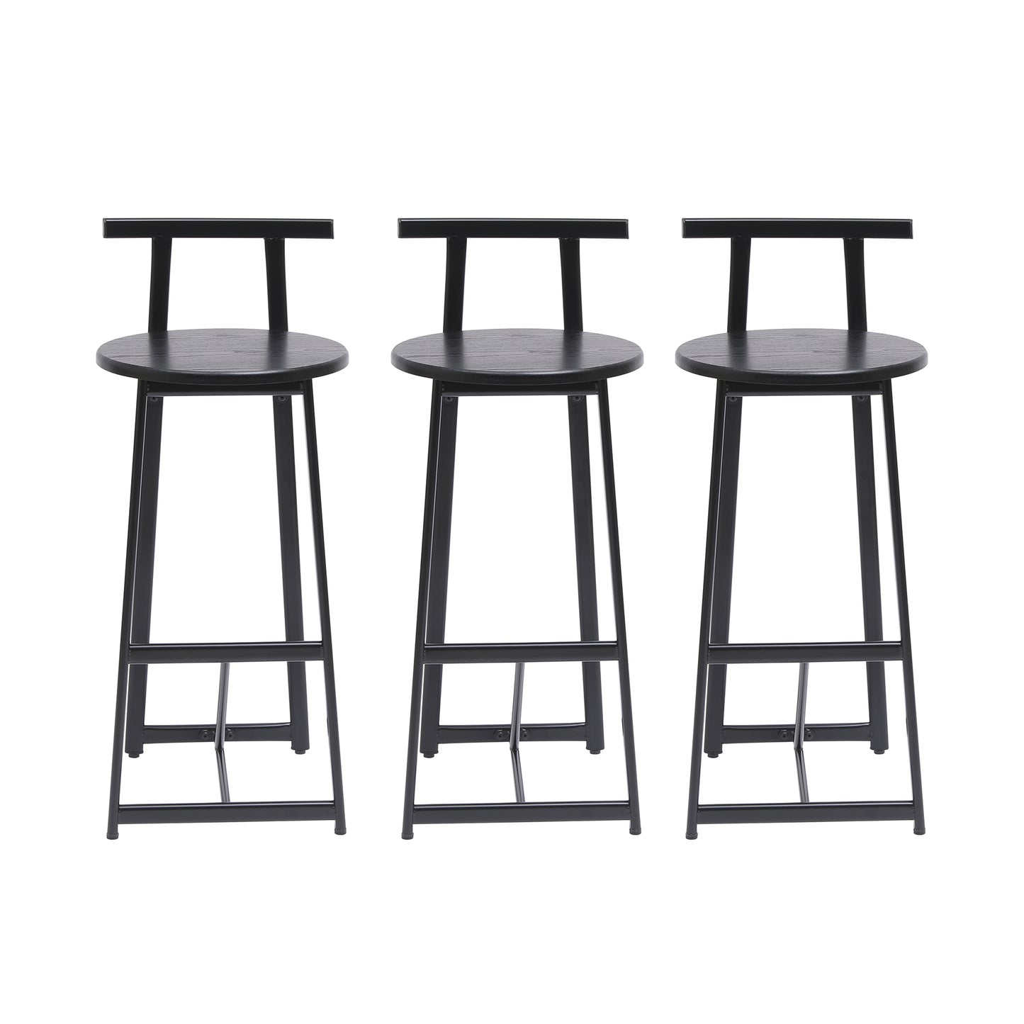 Modern Kitchen Bar Stools Set of 3 with Footrest in Black, Metal Frame & MDF Seat, 27''H
