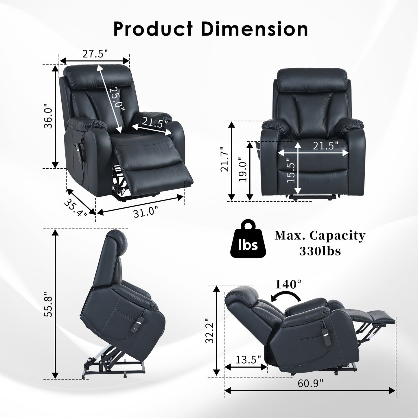 Electric Power Lift Recliner Chair for Elderly, PU Recliner Chair for Seniors, Home Theater Seating,Living Room Chair,Side Pocket, Remote Control (Black PU)