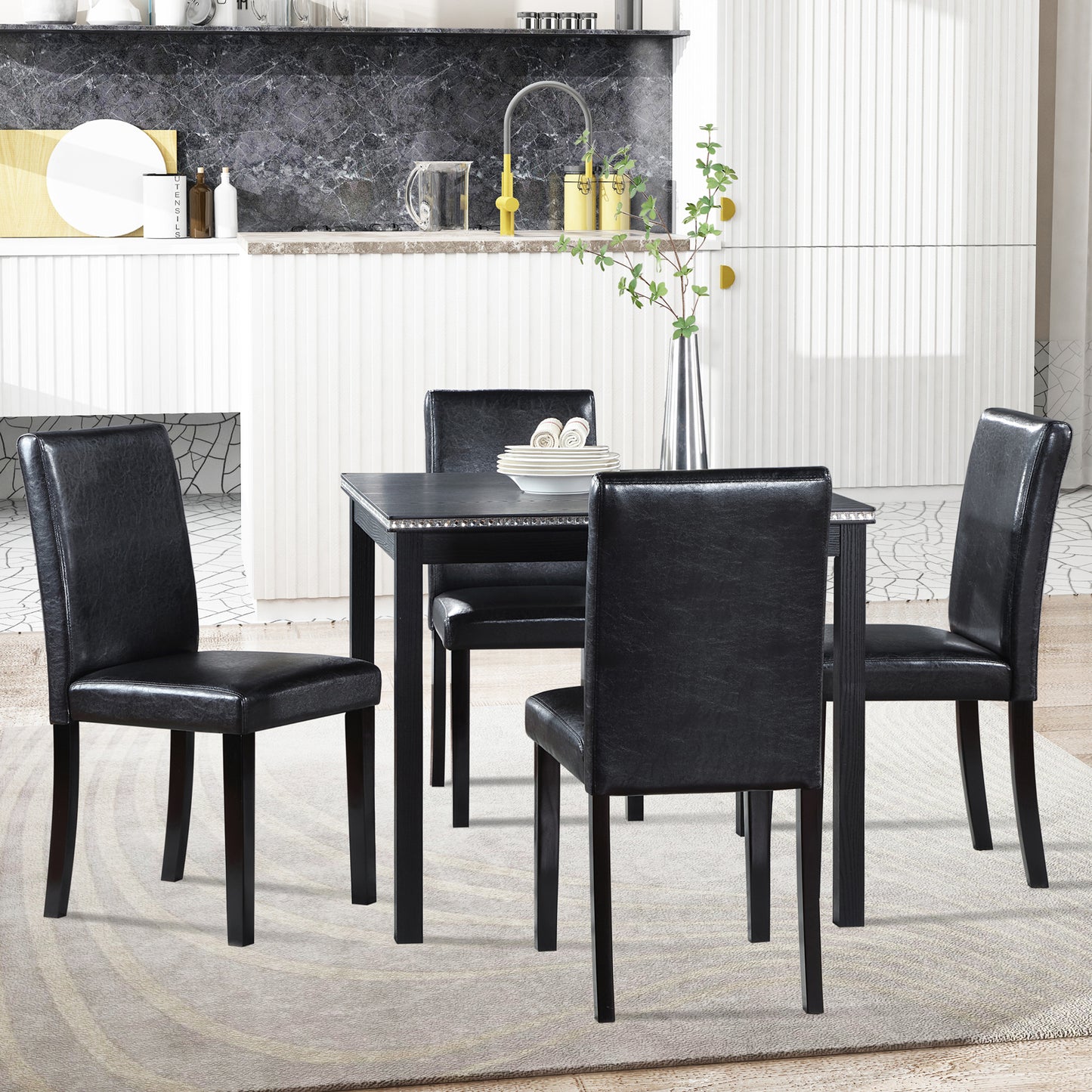 5 Piece Wooden Dining Table Set, Kitchen Table Set with a Square Table and 4 Upholstered Chairs, Wooden Dining Room Table with Crystal Decoration and Chairs Set for Kitchen, Dining Room, Black