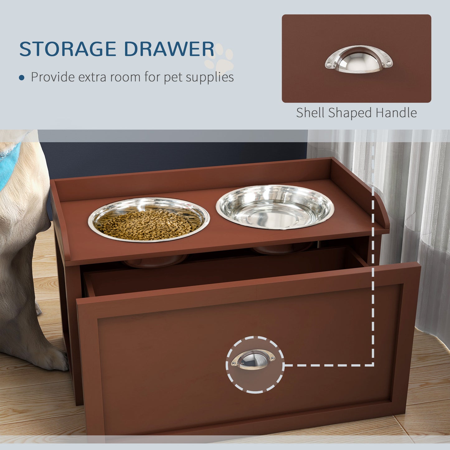 PawHut Dog Feeding Station with Storage Drawer, Dog Food Storage Cabinet with 2 Removable Elevated Dog Bowls for Large Sized Dogs, Brown