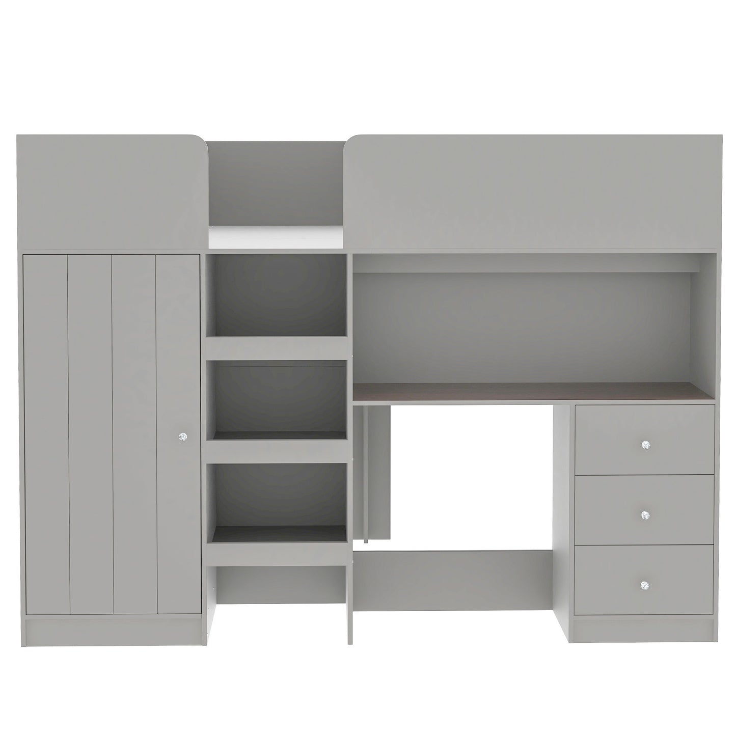 Grey Wood Full Size Loft Bed with Built-in Wardrobe, Desk, Shelves, and Drawers - Solid Pine Wood + MDF, 76.4''L x 55.3''W x 59''H