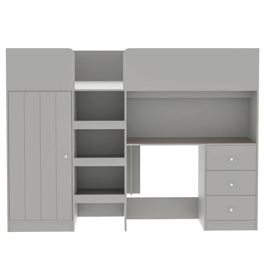 Grey Wood Full Size Loft Bed with Built-in Wardrobe, Desk, Shelves, and Drawers - Solid Pine Wood + MDF, 76.4''L x 55.3''W x 59''H