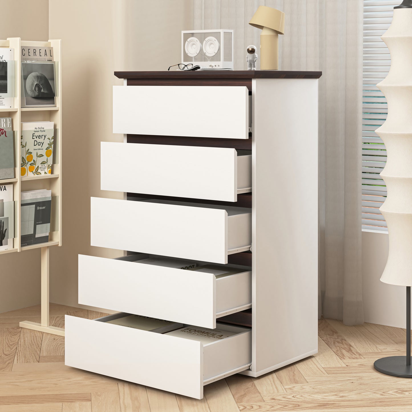 5 Drawer Dresser for Bedroom,  Modern Closet Dressers Chest of Drawers, White & Walnut color Storage Dresser Chest Cabinet Organizer Unit