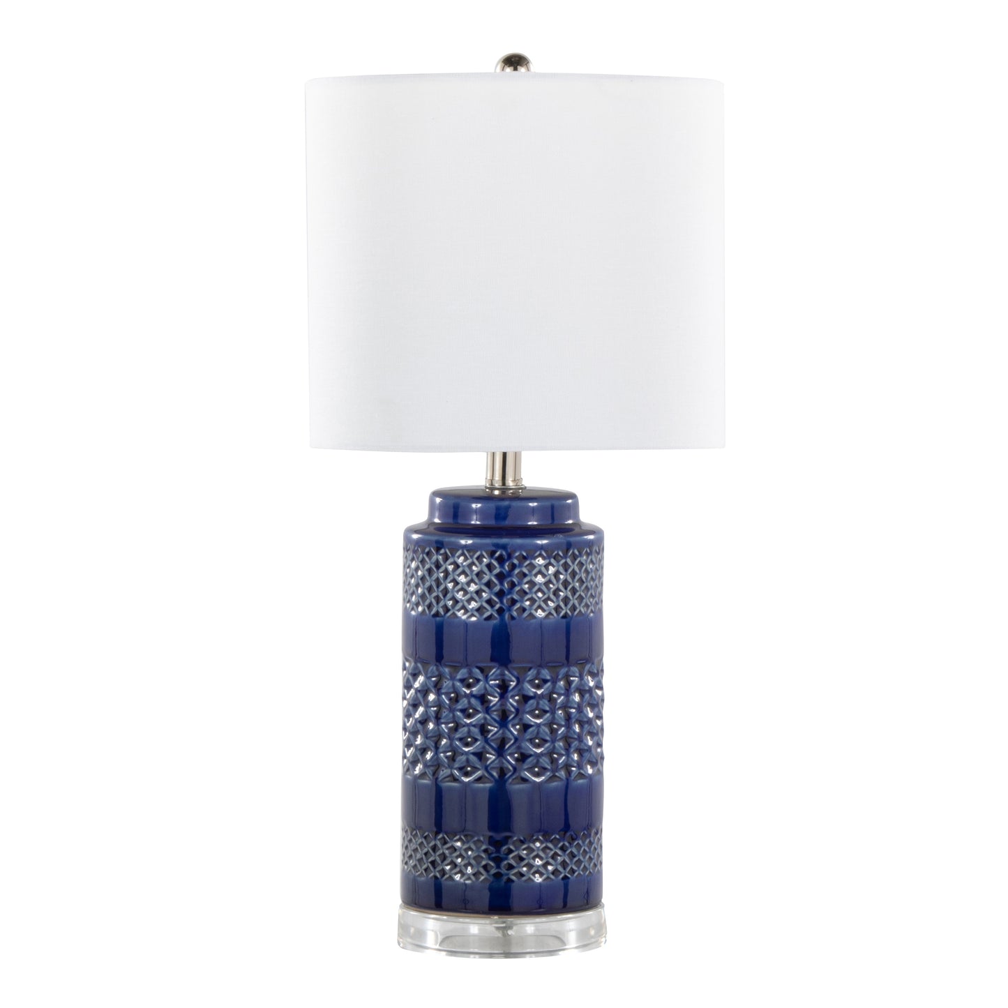 Casa 21" Contemporary Ceramic Table Lamp in Glossy Navy Crackle Ceramic, Polished Nickel, Clear Acrylic Accents and White Linen Shade from Grandview Gallery by LumiSource - Set of 2