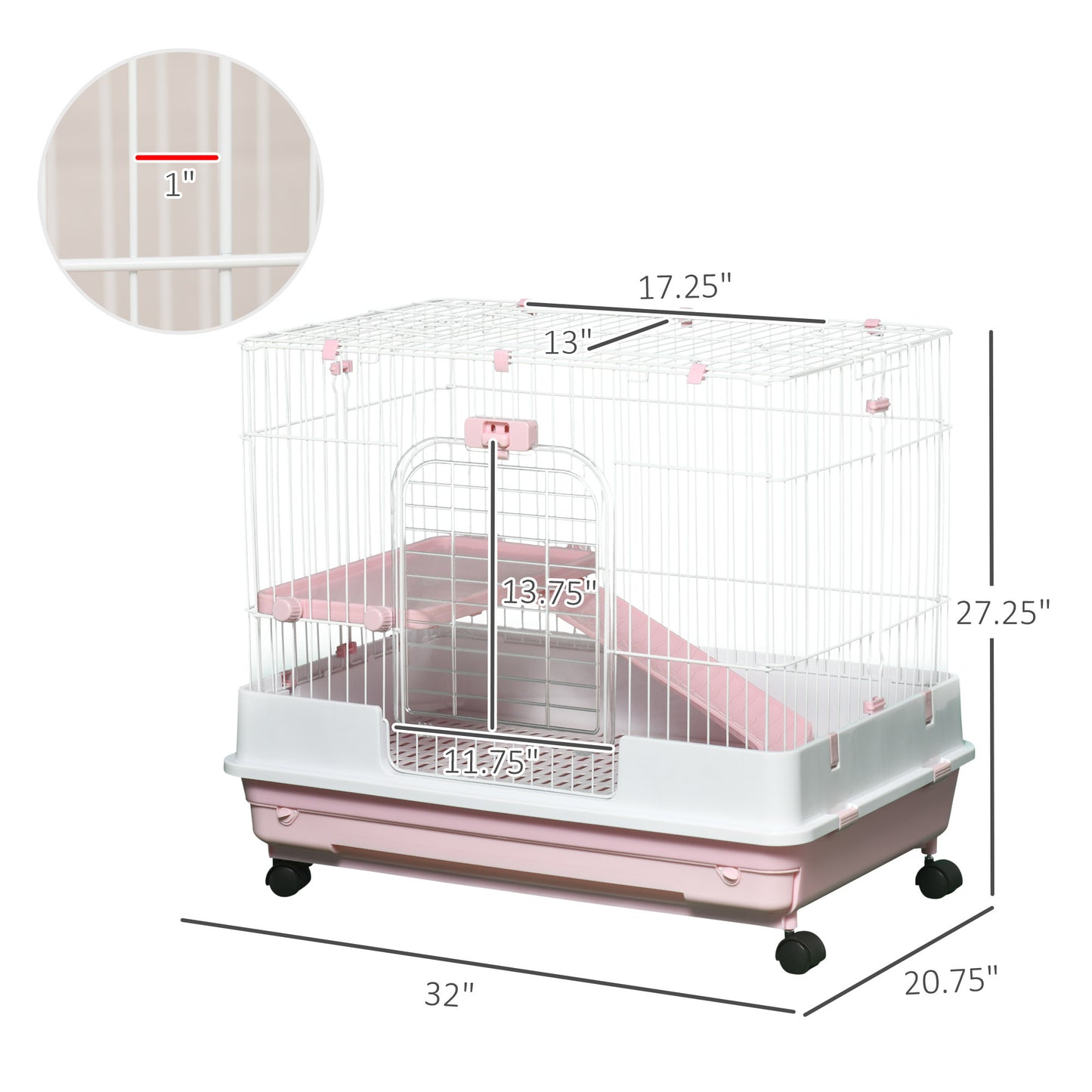 PawHut 2-Level Small Animal Cage Rabbit Hutch with Wheels, Removable Tray, Platform and Ramp for Bunny, Chinchillas, Ferret, Pink