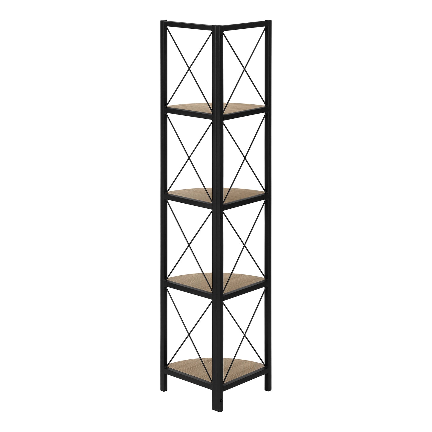 Bookshelf, Bookcase, Etagere, Corner, 4 Tier, 60"h, Office, Bedroom, Brown Laminate, Black Metal, Contemporary, Modern
