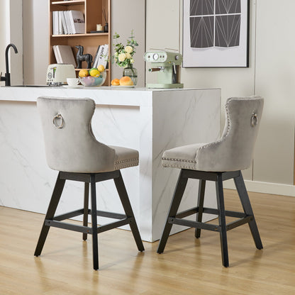 Swivel Velvet Barstools with Button Tufted Decoration and Wooden Legs, and Chrome Nailhead Trim, Leisure Style Bar Chairs,Bar stools, Set of 2 (Gray),SW1860GY