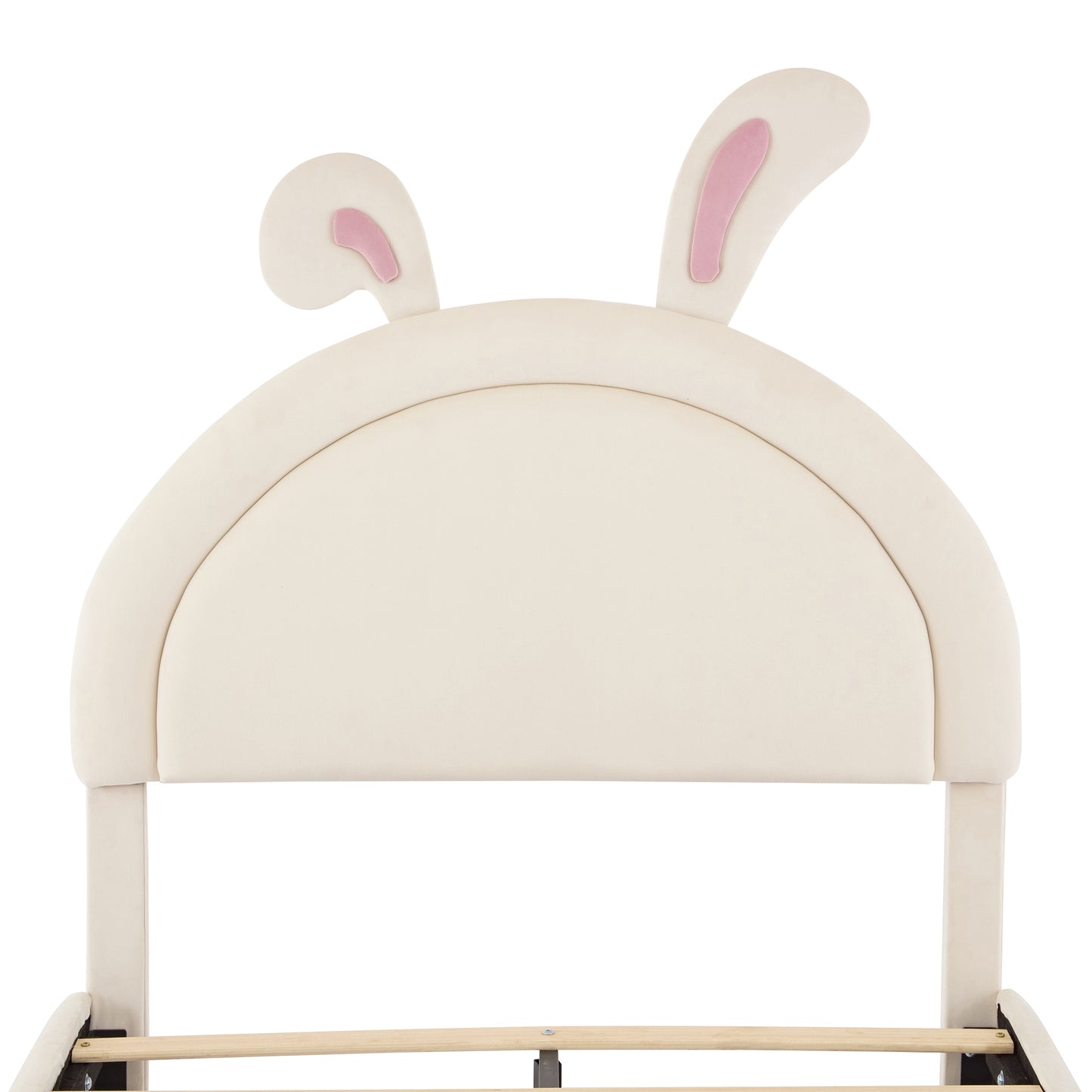 Twin size Upholstered Rabbit-Shape Bed with 2 Storage Stools, Velvet Platform Bed with Cartoon Ears Shaped Headboard, White