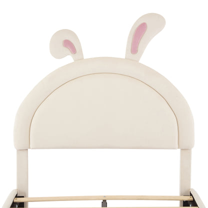 Twin size Upholstered Rabbit-Shape Bed with 2 Storage Stools, Velvet Platform Bed with Cartoon Ears Shaped Headboard, White