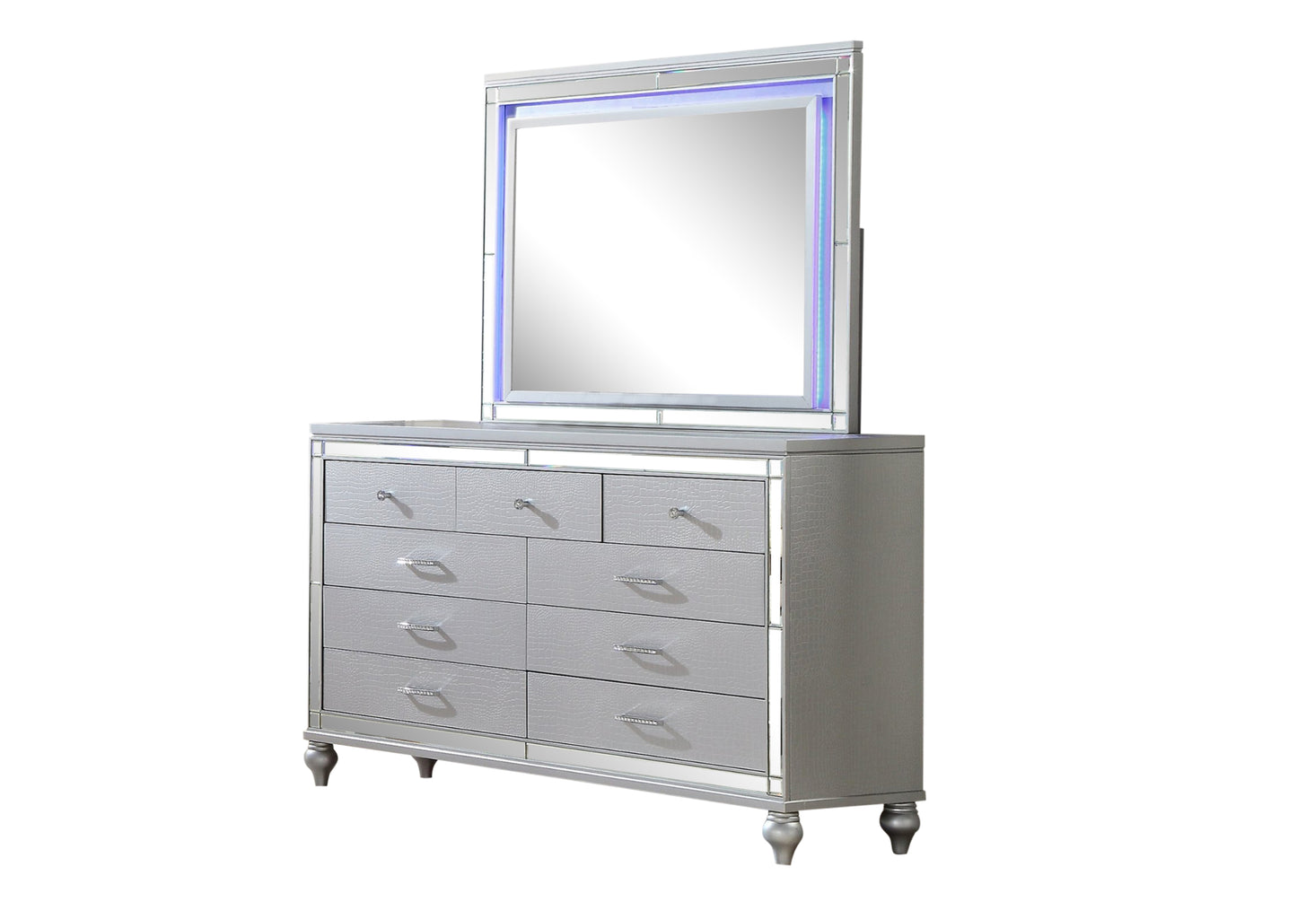 Mirror Framed 9-Drawer Dresser Made With Wood in Silver Color