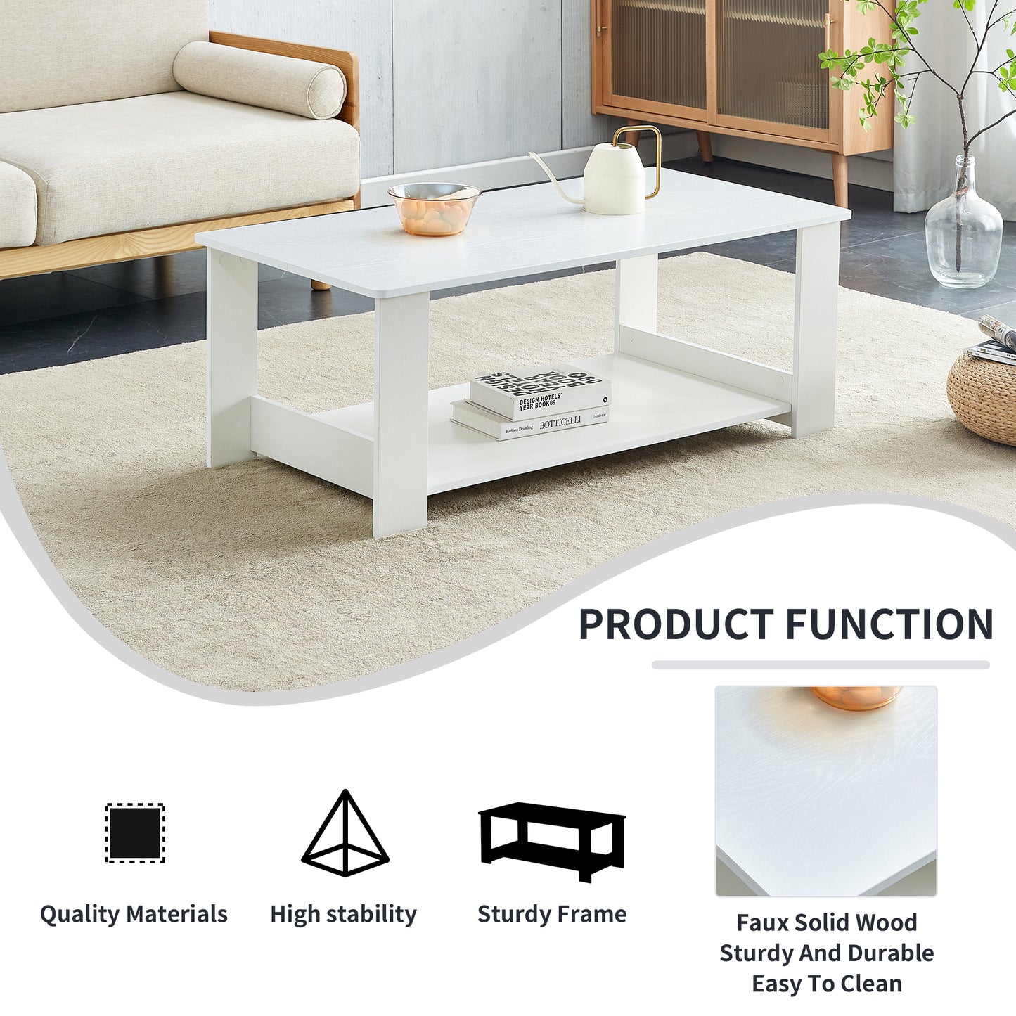 A modern and practical white coffee table. The double layered coffee table is made of MDF material,. Suitable for living room, bedroom, and study.CT-16