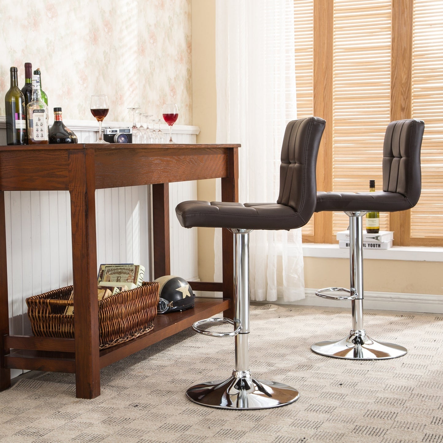 Swivel Faux Leather Adjustable Hydraulic Bar Stool, Set of 2, Brown