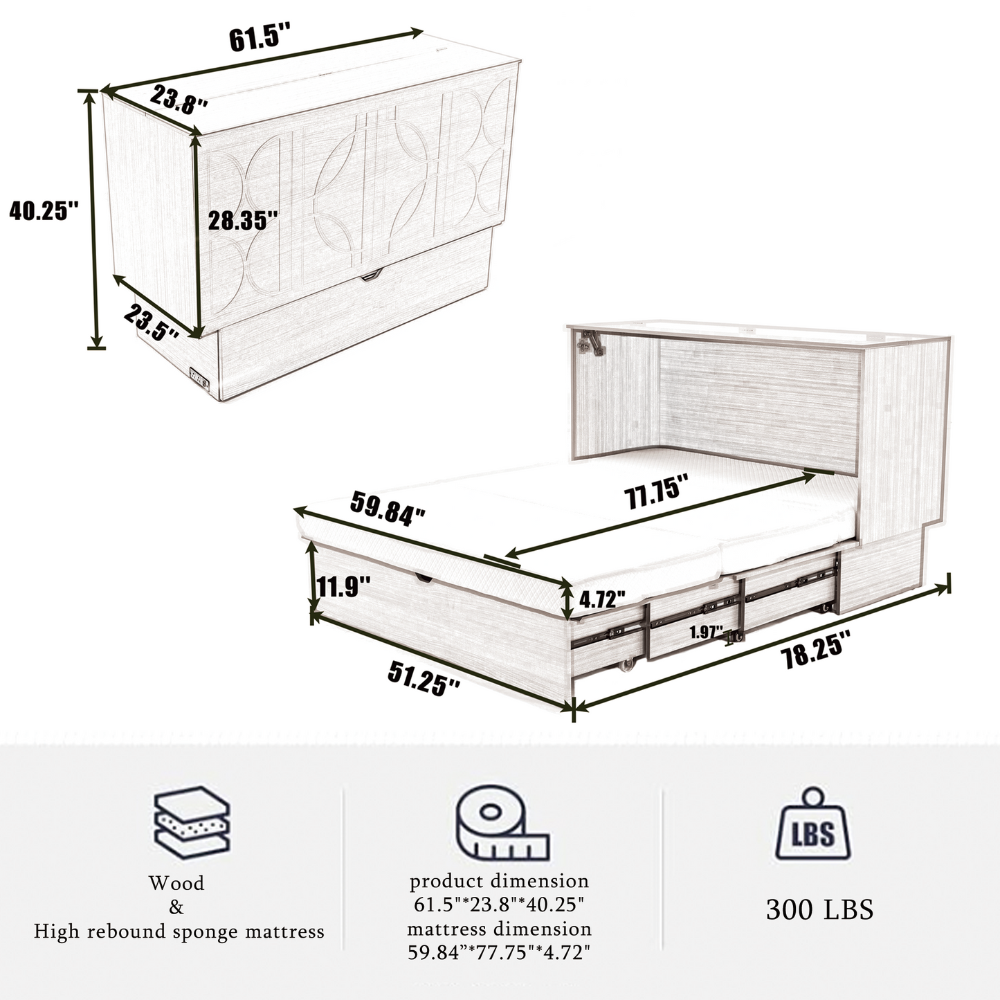 [NEW ARRIVED] [VIDEO PROVIDED]Cabinet Bed with Storage, Queen Bed ,Folding Foam Mattress & Oversized Drawers, Murphy Bed , Set of Sockets & USB Ports,Space-Saving Folding Murphy Bed , Gray