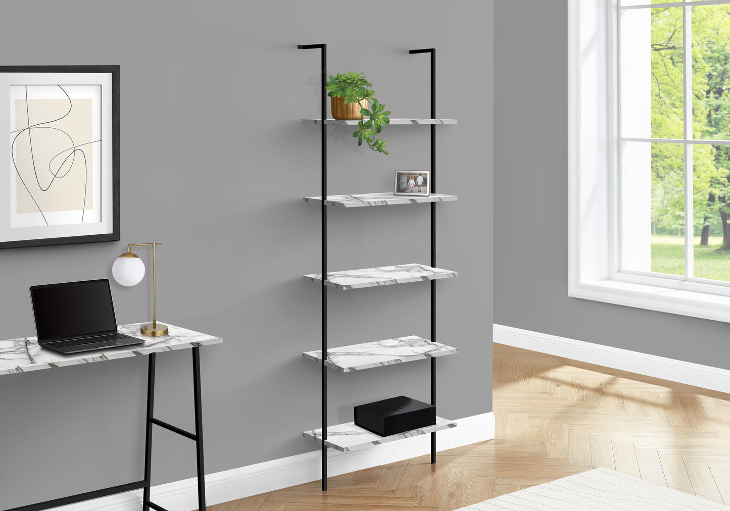 Bookshelf, Bookcase, Etagere, Ladder, 5 Tier, 72"h, Office, Bedroom, White Marble Look Laminate, Black Metal, Contemporary, Modern