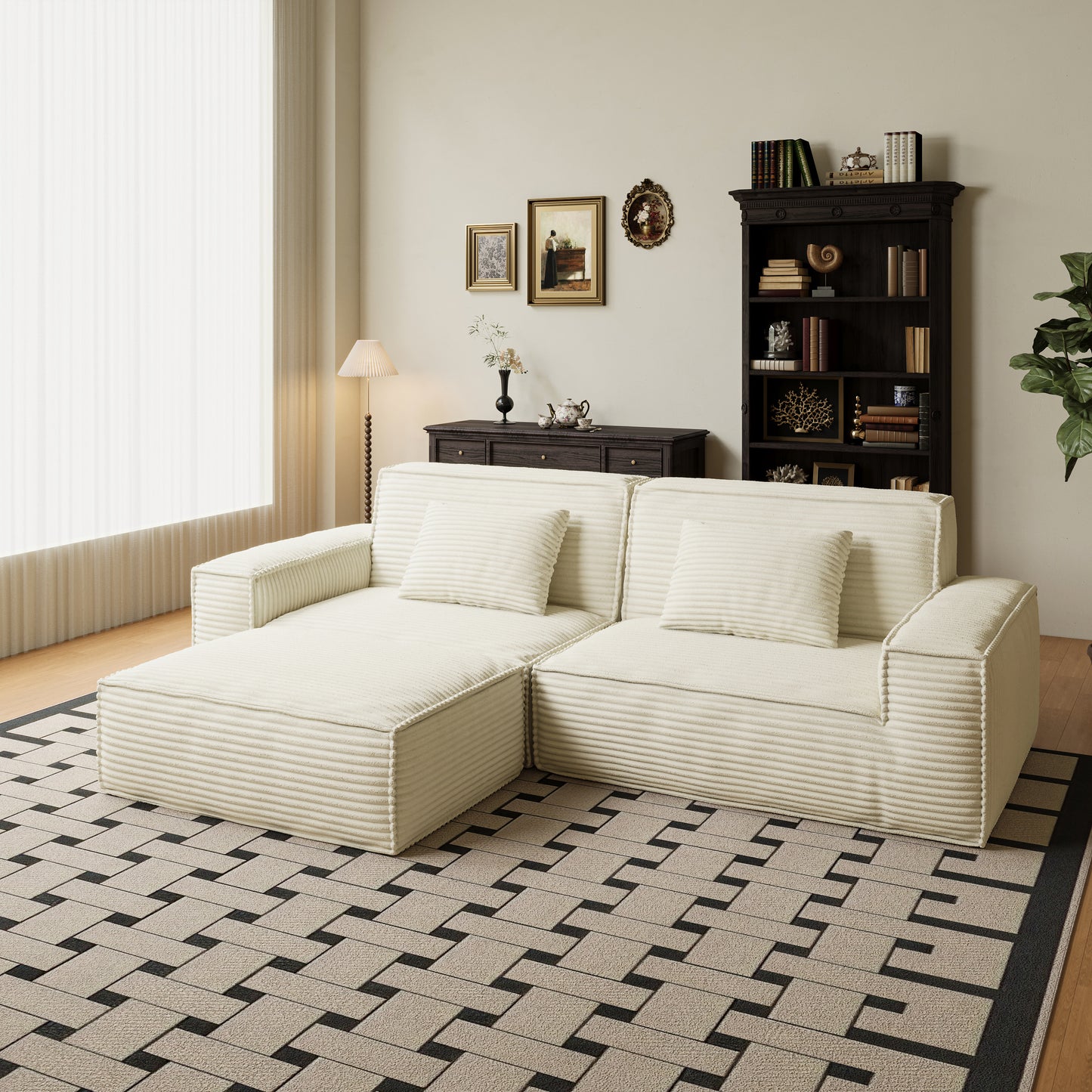 106.3 inch large striped compression sofa, modern style, living room and bedroom furniture, comfortable home style, vacuum compression, full sponge, high rebound straight row with foot pdal  beige