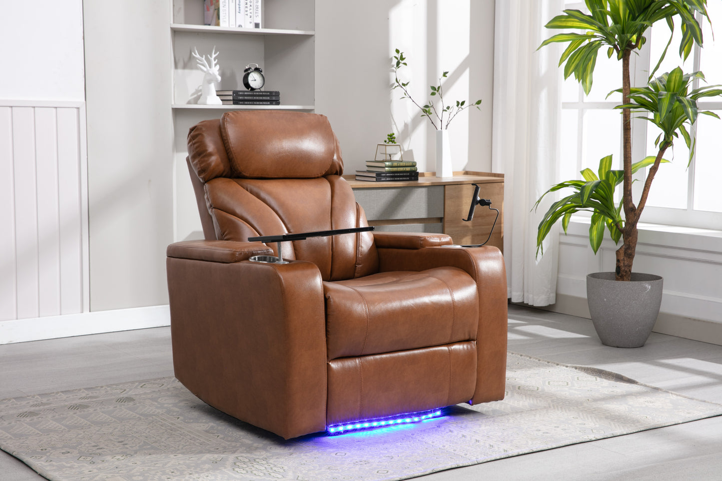 Power Motion Recliner Electric Power Recliner with USB Charging Port, Hidden Arm Storage, Convenient Cup Holder and Bluetooth Speaker,  Light  Brown(Old Sku:SG000800AAS)