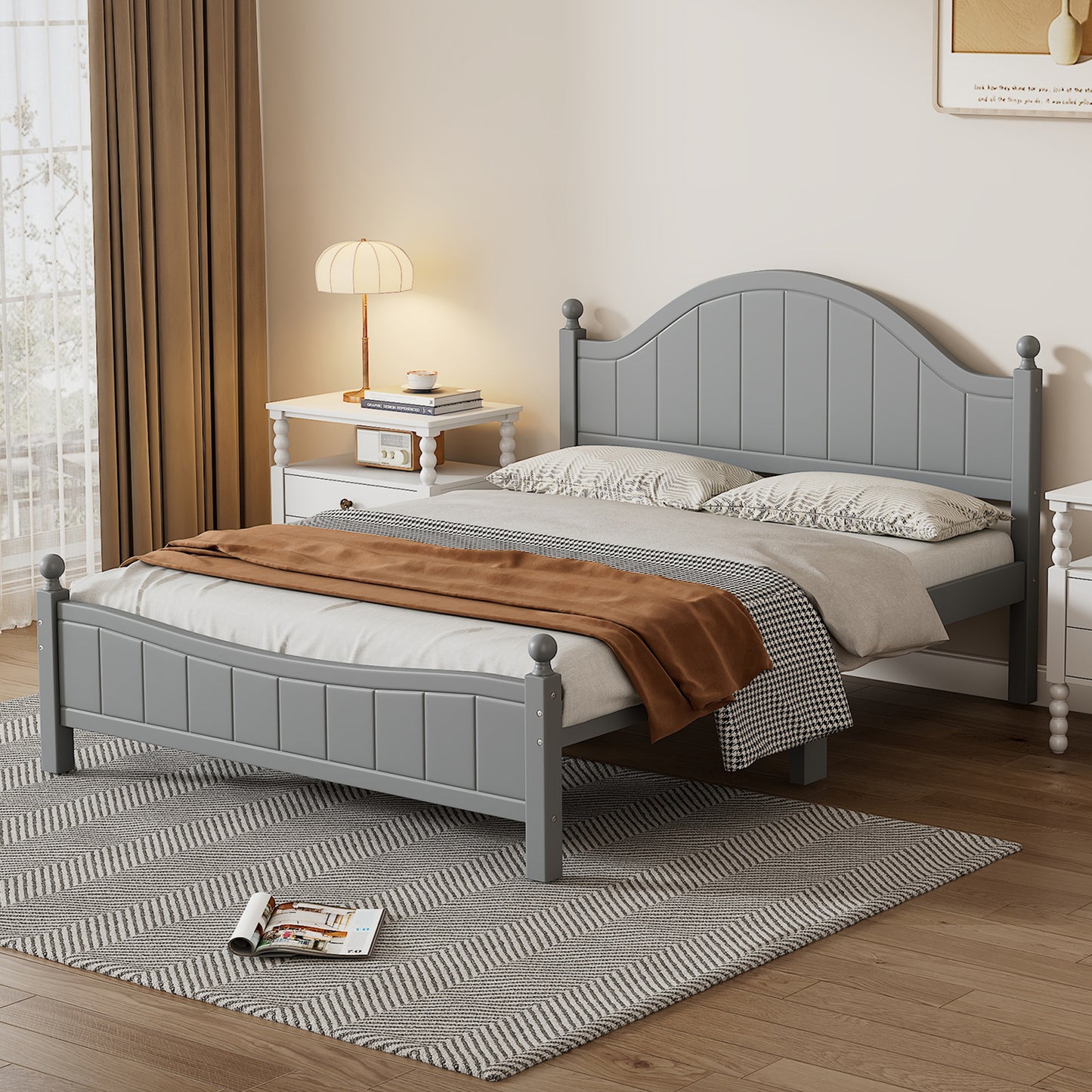 Traditional Concise Style Gray Solid Wood Platform Bed, No Need Box Spring, Full