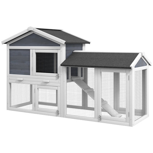 PawHut 58" Rabbit Hutch, Wooden Bunny Hutch, Guinea Pig Cage, Small Animal Enclosure with Run Area, Removable Tray, Asphalt Roof, Lockable Doors and Ramp, Gray