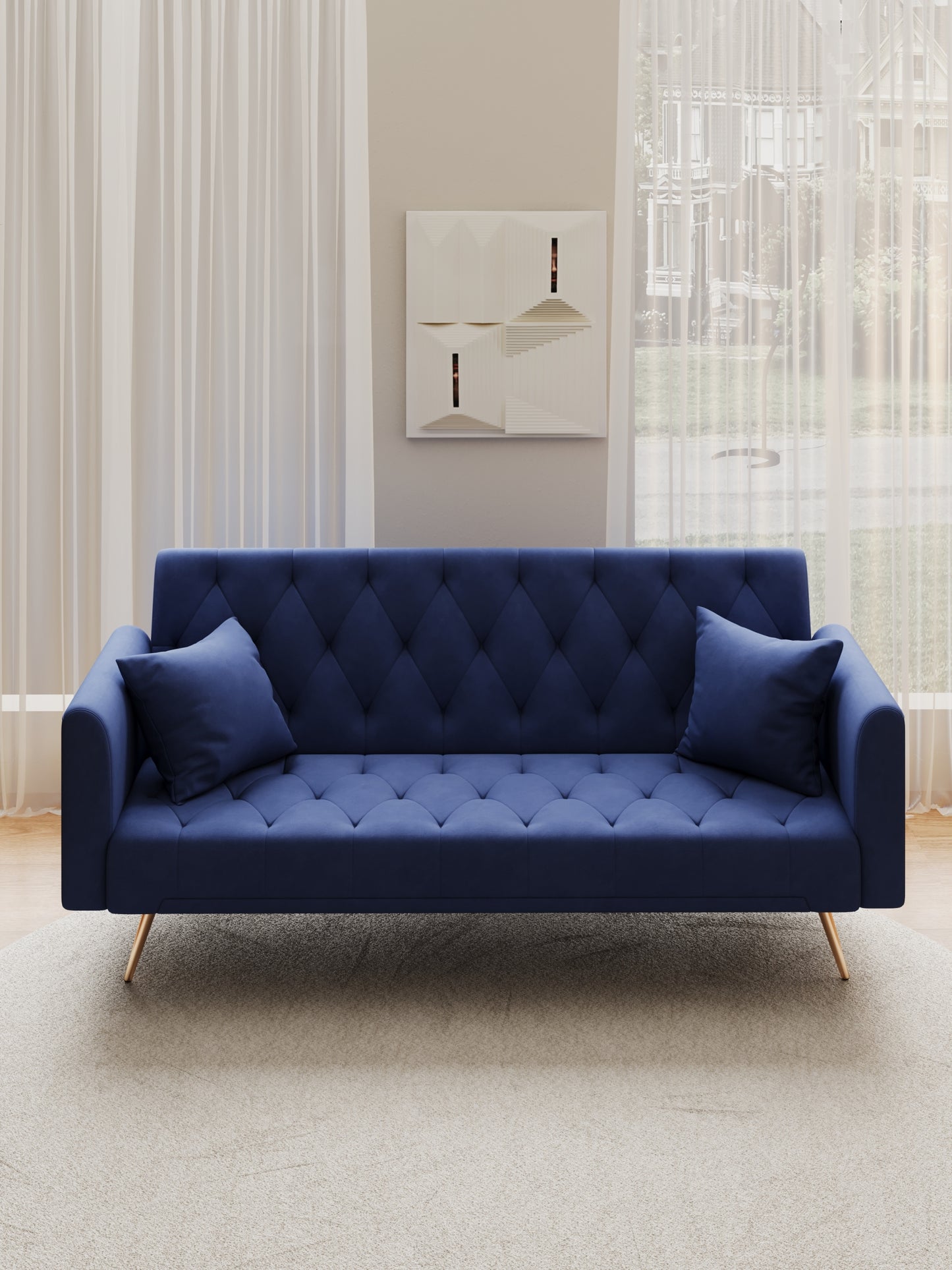 71-inch convertible love seat sofa, American retro blue velvet material, suitable for small living room, bedroom, office