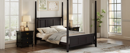 Traditional Queen Size Solid Wood Four Poster Bed with Horizontal Grille Design, Espresso