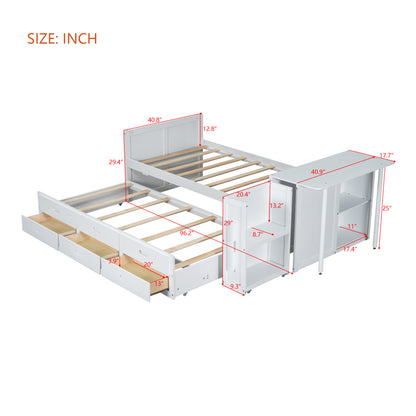 Twin Size Multifunctional Wood Platform Bed with Desk and Storage Shelf at the End of the Bed, Built-in Trundle and 3 Drawers, White