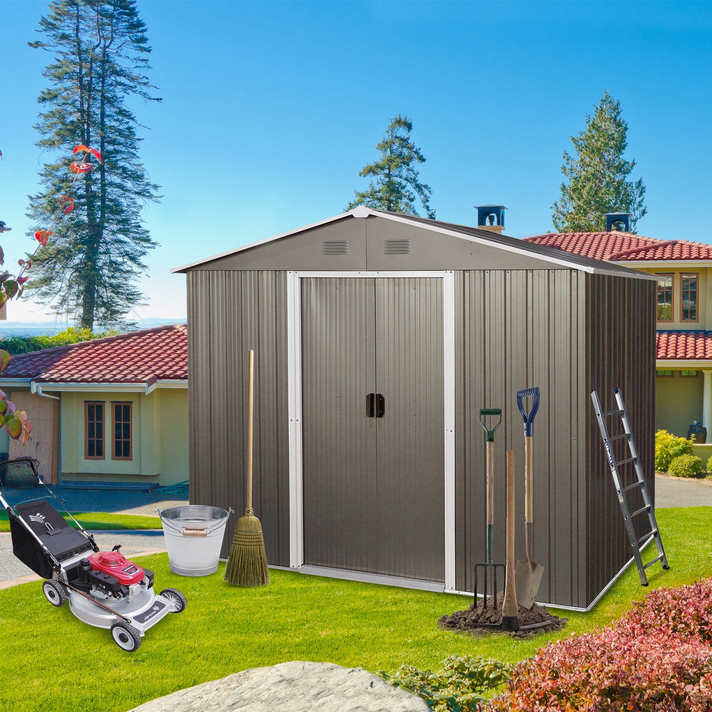 8ft x 6ft Outdoor Metal Storage Shed with Metal foundation,Gray (SKU: W540S00012)