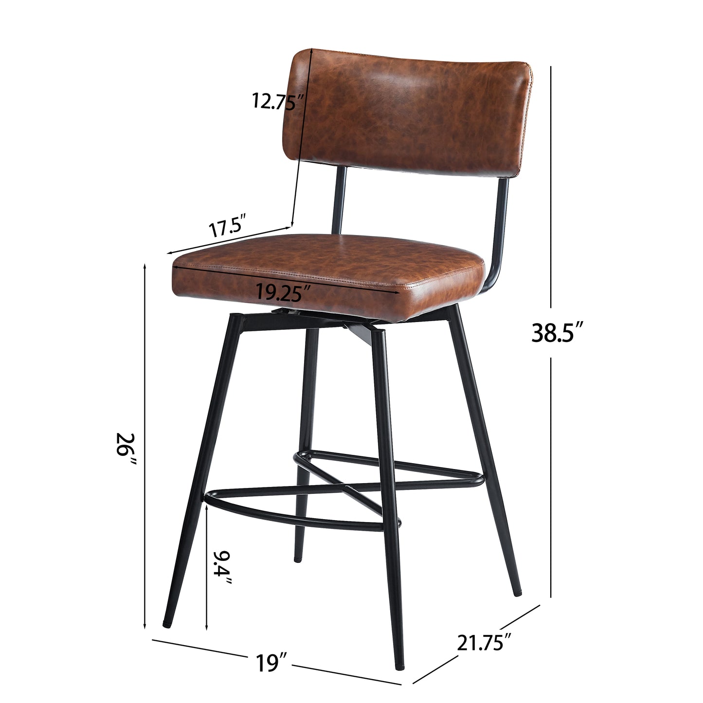 26''Retro Swivel Counter Stools Set of 2,Brown Counter Stools with iron Frame,PU Sponge cushion,Footrest,suitable for Kitchen/Bedroom/Dining Room.