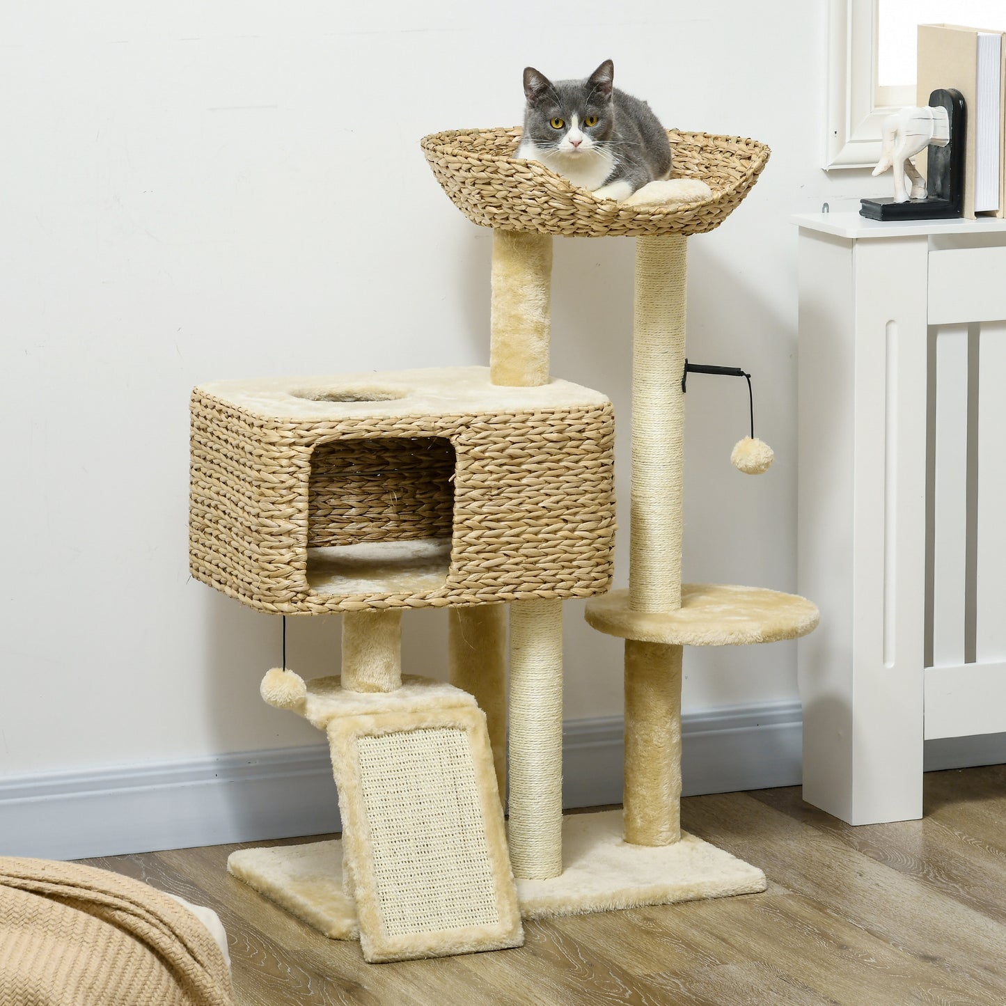 PawHut 38" Cat Tree for Indoor Cats, Cat Tower with Scratching Posts, Ramp, Condo, Toy Balls, Platform, Bed, Ramp, Beige