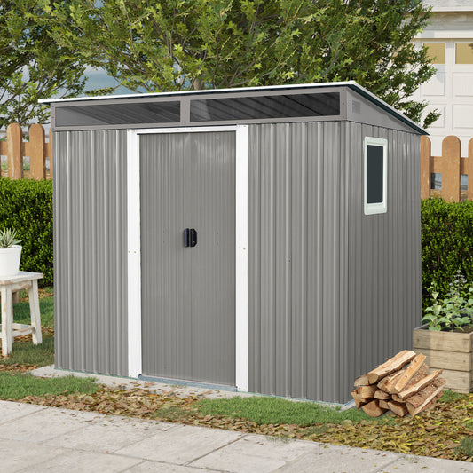 8 ft x 6 ft Outdoor Metal Storage Shed with Window,Transparent plate and lockable sliding door for Garden, Lawn (Gray)